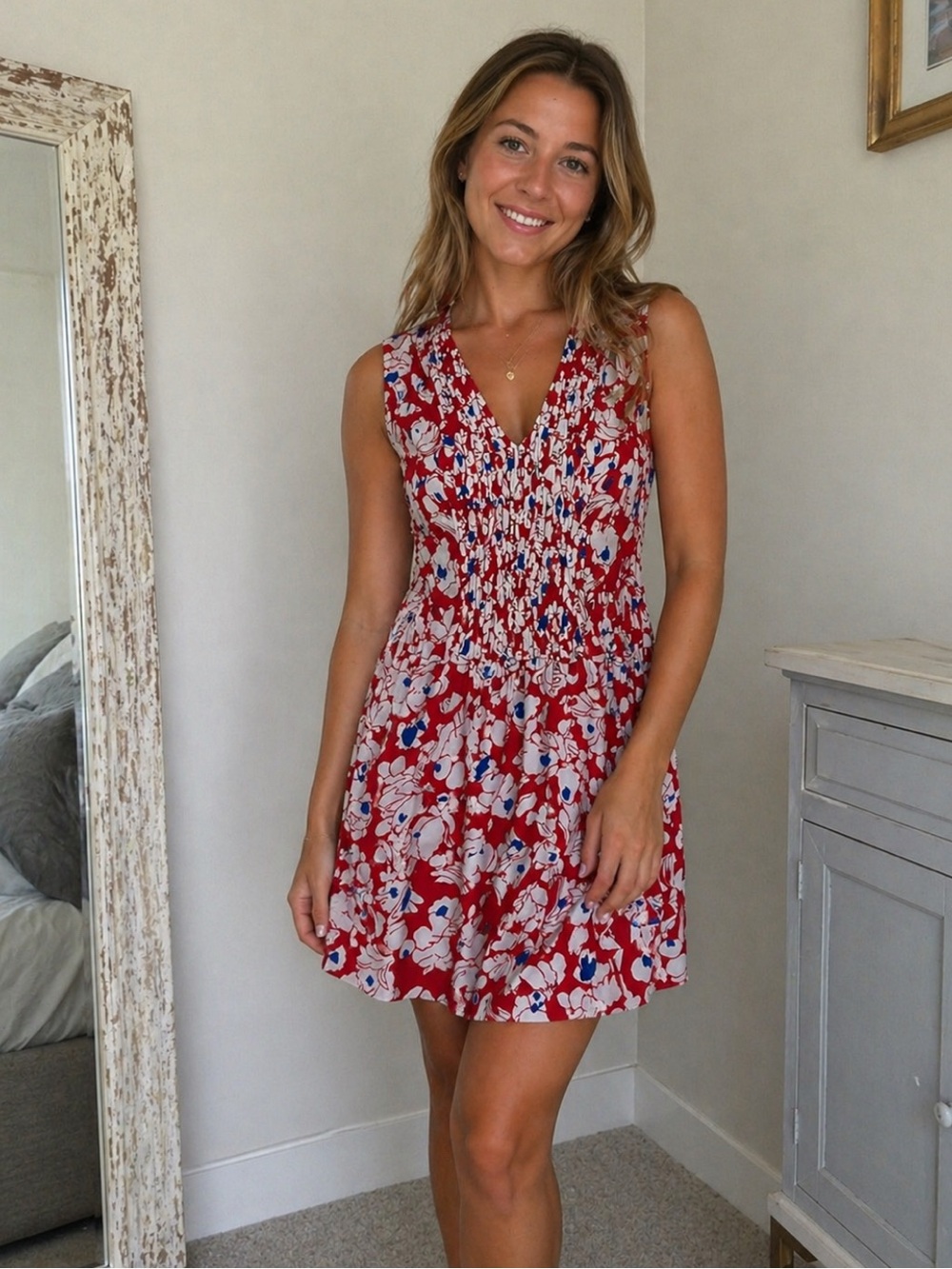 Banana Republic Red Floral V-Neck Sleeveless Dress - Classic Summer Style